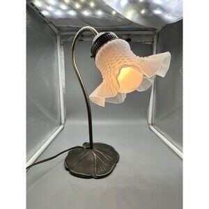 Vintage Lily Pad Brass Goose Neck Lamp With Frosted Flower Glass Shade Works 14”